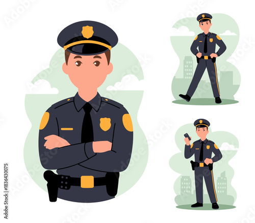 A cheerful police officer in a formal uniform poses confidently, symbolizing community safety and approachability in a vibrant urban environment.