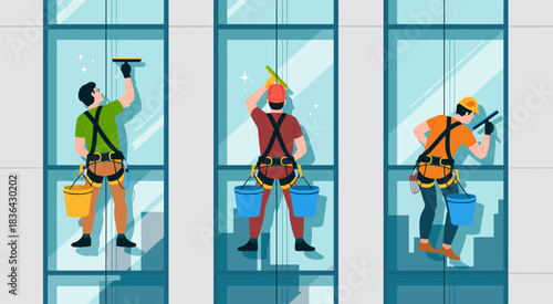 Hardworking window cleaners dangle from a skyscraper, showcasing their dedication to keeping buildings clean and the unique perspective of working at great heights.