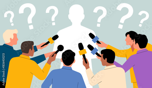 A group of journalists is seen surrounding an invisible figure, the questioning atmosphere conveys a sense of intrigue and curiosity about the unknown person represented.