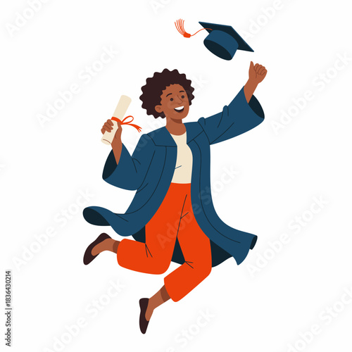 A joyful graduate in a blue gown jumps in excitement holding a diploma while tossing a graduation cap in the air, symbolizing achievement and new beginnings.