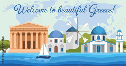 This illustration showcases beautiful Greece, featuring iconic architecture, landscapes, and a vibrant sea, inviting viewers to explore its rich culture and stunning scenery.