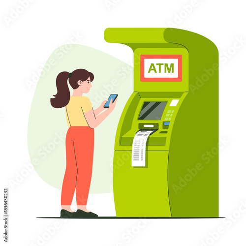 A cheerful young woman interacts with a vibrant ATM, showcasing modern banking technology, convenience, and the integration of personal gadgets in daily life.