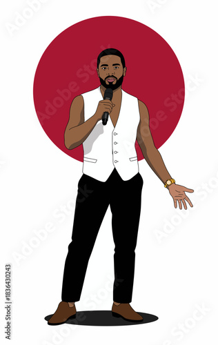 A confident male performer stands on stage holding a microphone, dressed in a stylish outfit. The bold red backdrop enhances his charisma during the performance.