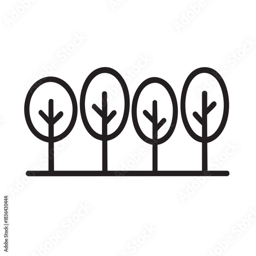 Row of four simple rounded trees line art icon isolated on a white background graphic element