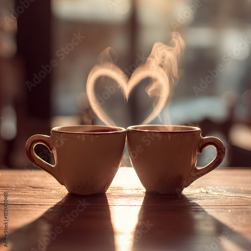 Two coffee cups sit on a wooden table with steam rising in the shape of a heart during morning light in a cafe setting