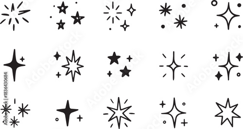 Hand drawn star spark doodle element icon set. Star shape twinkle glitter spark shine crayon grunge brush line icons. Hand drawn sketch doodle style. Light decoration black and white vector