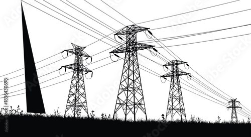 High voltage transmission towers silhouette with multiple power lines crossing rural landscape, illustrating electricity infrastructure, energy distribution, industrial network concept, vector design