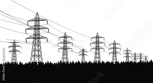 High-voltage electricity transmission towers silhouette over dense forest landscape, detailed power line vector illustration for energy infrastructure, industrial utility, environmental scene design