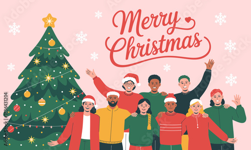 A cheerful group of friends gathered around a decorated Christmas tree, embracing the holiday spirit with festive attire and smiling faces, showcasing togetherness and joy.