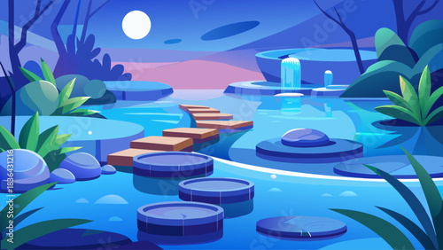 A peaceful zen-style water garden featuring rounded stepping stones floating above gentle blue waters. Soft lighting and minimalist design emphasize tranquility, mindfulness, and a soothing meditative