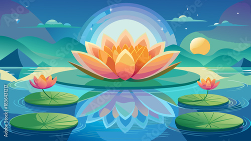 A serene Ayurvedic-inspired banner with blooming lotus flowers resting on still reflective water. Minimal, calming design that promotes wellness, purity, and a soothing spiritual environment