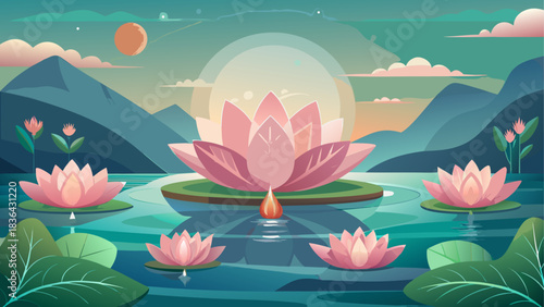 A tranquil banner featuring soft pink lotus flowers floating on calm water, symbolizing Ayurvedic wellness and inner harmony. Gentle light, soothing colors, and a serene holistic atmosphere
