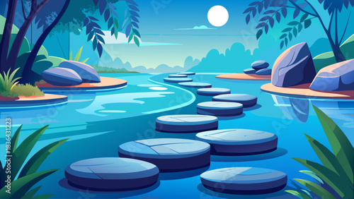 A tranquil zen garden scene with smooth stepping stones arranged over calm blue water. Minimalist composition evoking peace, balance, and relaxation, ideal for wellness, meditation, and spa-inspired 