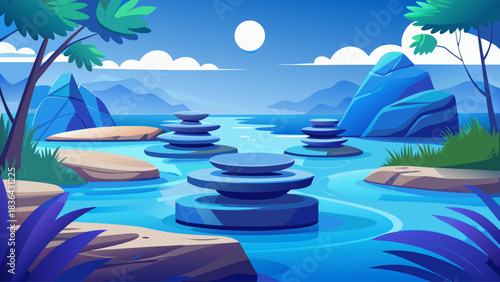 A tranquil zen garden scene with smooth stepping stones arranged over calm blue water. Minimalist composition evoking peace, balance, and relaxation, ideal for wellness, meditation, and spa-inspired 
