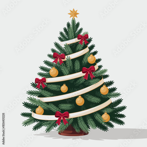 A festive Christmas tree adorned with ribbons, bows, and shiny ornaments stands beautifully, embodying the spirit of the holiday season and joy of celebration.