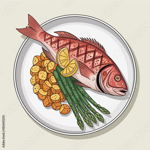 A whole roasted fish sits elegantly on a white plate, accompanied by golden potatoes and fresh asparagus, inviting a healthy and appetizing meal.