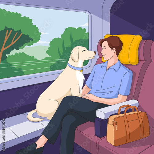 A serene scene of a person traveling on a train with a dog, showcasing companionship and tranquility, highlighting the bond between humans and pets in a journey.