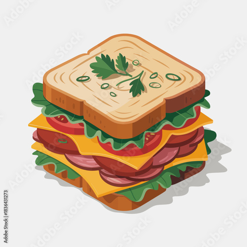 A colorful, hearty sandwich stacked with fresh ingredients, showcasing a delightful mix of flavors and textures ideal for lunch or a satisfying snack.