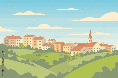 A serene village scene featuring quaint houses nestled among lush green hills under a clear blue sky, highlighting the beauty of rural life and nature.