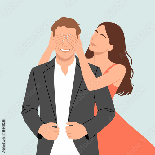 A charming illustration of a couple in a light-hearted moment, where one partner playfully covers the other's eyes, conveying feelings of love, joy, and surprise in relationships.
