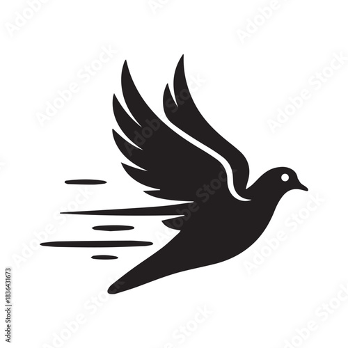 Black silhouette of a dove in flight with motion lines bird flying