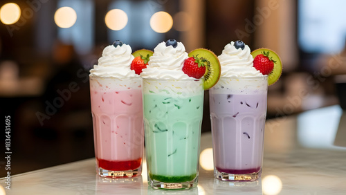 Three colorful milkshakes with whipped cream and fruit toppings on a marble countertop surface