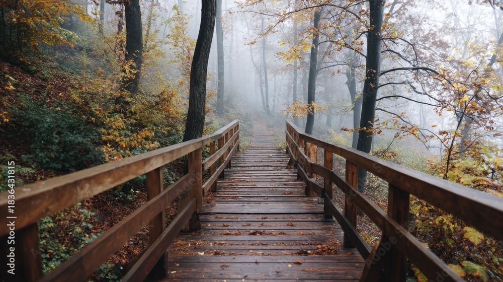 Fototapeta premium Wooden bridge path covered in leaves leading into a mystical, foggy autumn forest. Nature photography on a melancholic Fall day.