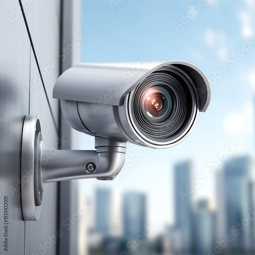Surveillance Sentinel: A modern security camera mounted on a building exterior, providing vigilant monitoring against a backdrop of a clear cityscape, symbolizing urban safety.