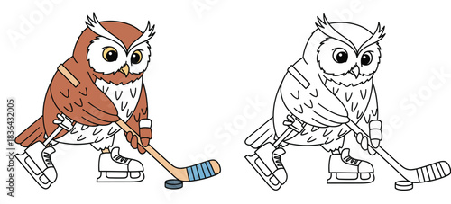 ute cartoon owl playing ice hockey with stick and puck vector illustration with black and white outline for coloring book page