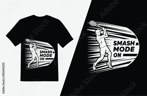 Tennis player smash mode on motivational sports graphic for t shirt design with dynamic energy and modern style appeal