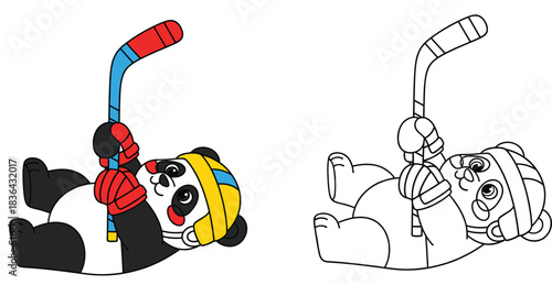 ute cartoon panda playing ice hockey lying on back vector illustration with black and white outline for coloring book page