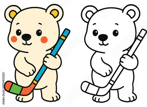 Cute cartoon polar bear playing ice hockey vector illustration with black and white outline for coloring book page