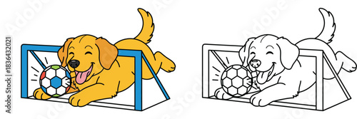 ute golden retriever dog playing soccer goalkeeper catching ball vector illustration with outline for coloring book
