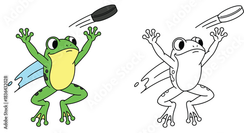 Funny cartoon frog playing ice hockey as a goalie trying to catch a puck vector illustration with black and white outline for coloring book page
