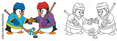 Two cute cartoon penguins playing ice hockey face-off with fish vector illustration with black and white outline for coloring book