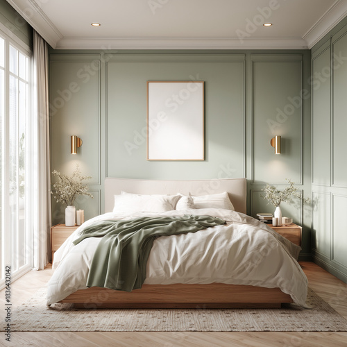 Modern bedroom interior with sage green walls, cozy bedding and wooden furniture mockup