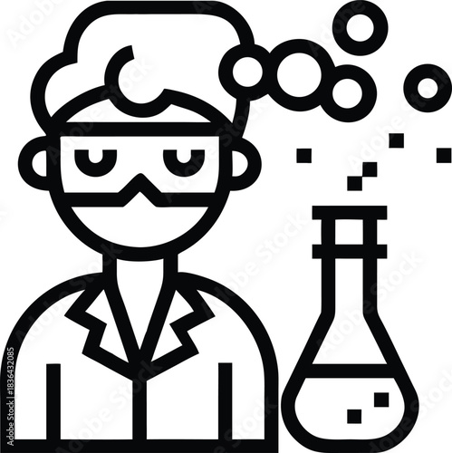 Line art displays chemist with goggles conducting experiment involving bubbles emerging from a conical flask