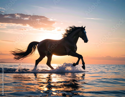 Horses galloping along the coast in the beautiful morning sun　朝日が美しい海岸を疾走する馬