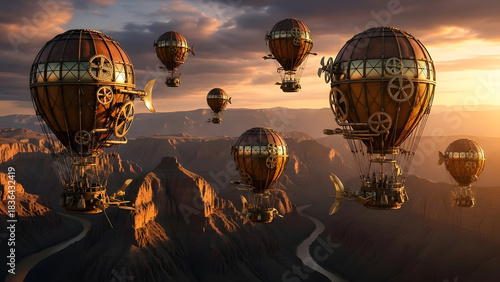 Steampunk hot air balloons floating over a canyon landscape at sunset with a cloudy sky above them
