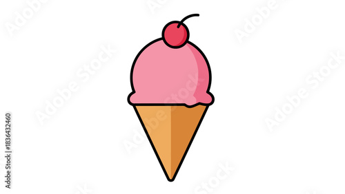 Simple Flat Design Strawberry Ice Cream Cone with Cherry Vector Illustration