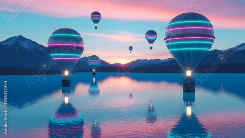 Hot air balloons with neon lights floating over a calm lake at sunset with mountain backdrop