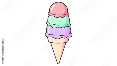 Delicious Triple Scoop Ice Cream Cone with Pastel Flavors on White Background