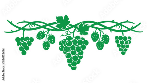 Black Silhouette of Grapes and Strawberries on a Vine Border