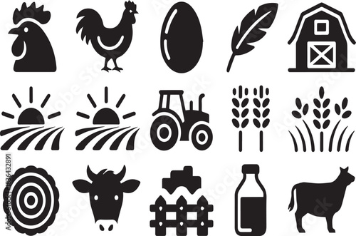 Farm icons rooster egg feather barn sunrise tractor wheat cow milk bottle agriculture farming