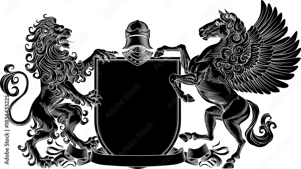 Naklejka premium A heraldry crest lion and Pegasus winged horse family coat of arms heraldic shield emblem design in an old medieval vintage style 