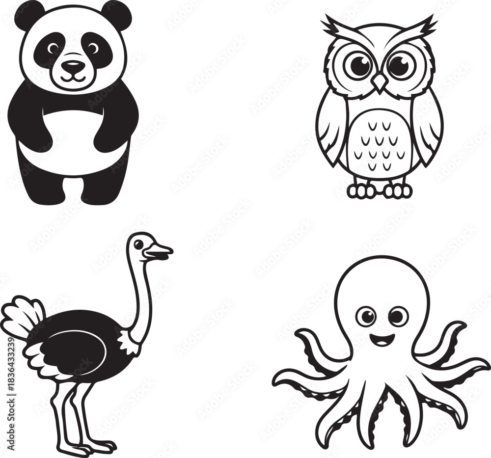 Fototapeta premium Collection of four cartoon animals panda owl ostrich and octopus