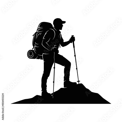 Hiking Explorer Silhouette – Trekking Adventure Mountain Backpack Vector