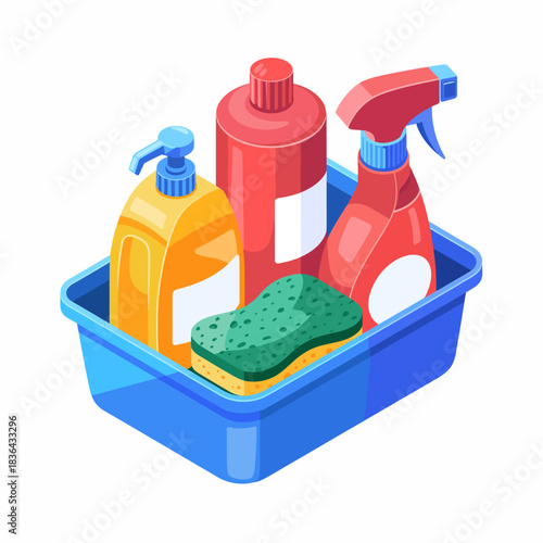 This image features a bright blue basket filled with assorted cleaning supplies, including sprays, bottles, and a sponge, representing home cleaning essentials and productivity.