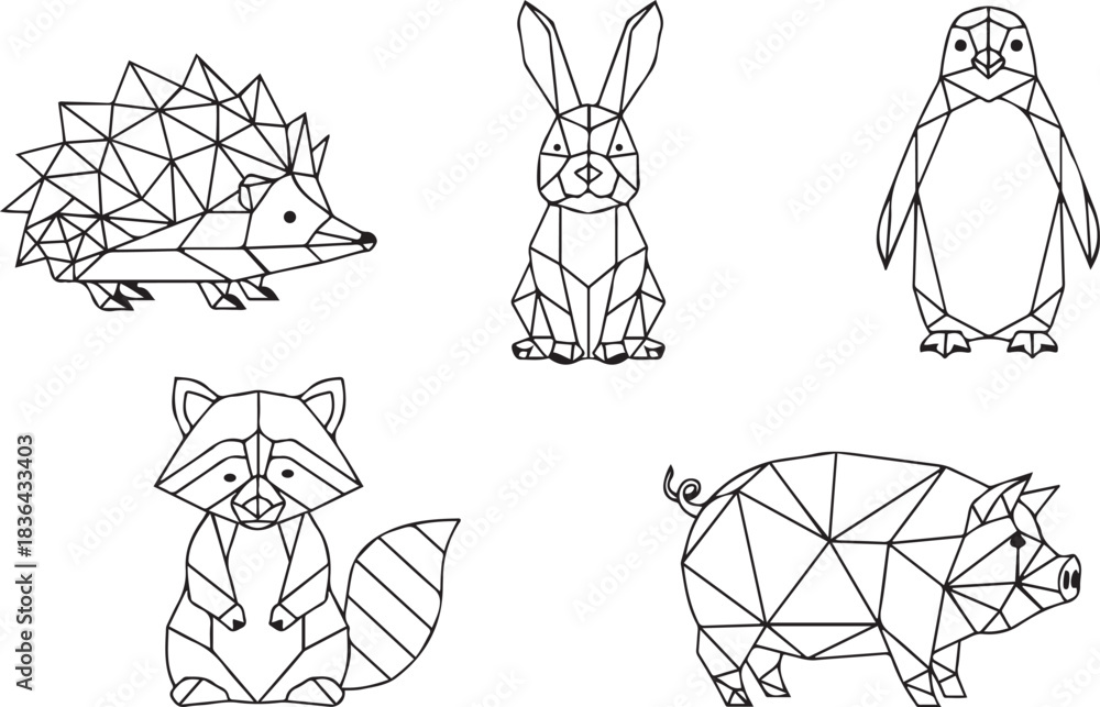 Fototapeta premium Geometric Line Art Animals Hedgehog Rabbit Penguin Raccoon Pig Illustration vector