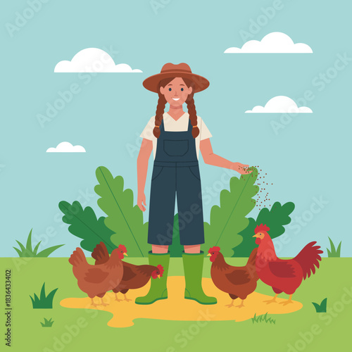 A cheerful young farmer in overalls scatters feed to her flock of brown chickens in a vibrant outdoor setting, surrounded by greenery and light clouds, celebrating farm life.